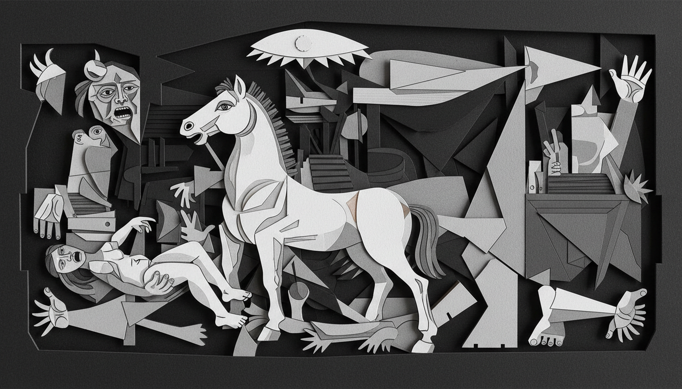 Pablo Picasso's Guernica (1937) — a black, white, and gray mural depicting the bombing of Guernica with anguished figures.